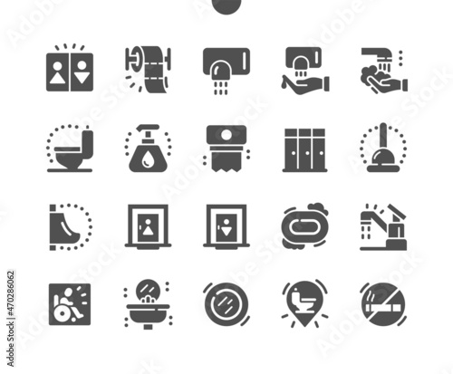 Toilet, restroom. Toilet paper. Hand dryer. Bathroom, domestic, household, washroom, wash, sanitary and hygiene. Vector Solid Icons. Simple Pictogram