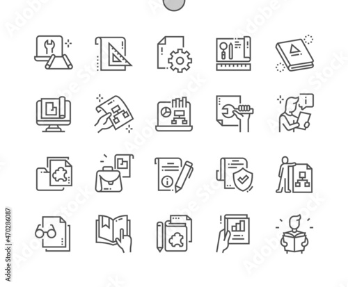 Technical documentation. Industrial, information, mechanical, paperwork and document. Technical file. Worker. Pixel Perfect Vector Thin Line Icons. Simple Minimal Pictogram