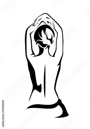 beautiful slim woman sitting with raised hands her back to the viewer - back and spine health care and body balance concept black and white vector outline design