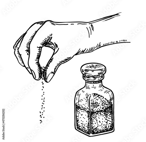 Hand with salt, hands gesture salting food. Salt shaker. Vector cooking symbol hand drawn sketch illustration
