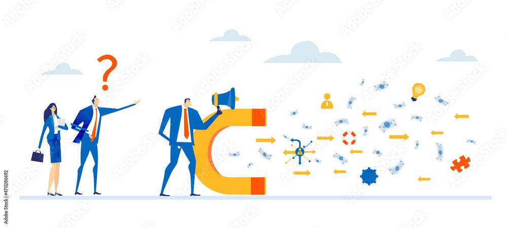 Business people, bankers working with magnet attracting golden coins. Savings, investments, finance strategy and technical support concept. Business people, bankers working with magnet attracting golden coins. Savings, investments, finance strategy and technical support concept.
