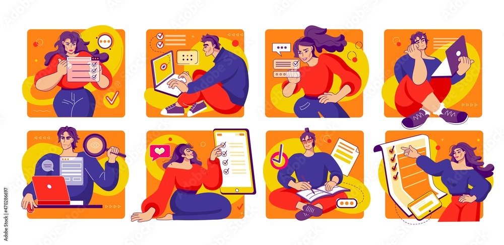 Fototapeta premium People fill out forms. Web site customer satisfaction survey, user evaluation feedback research, poll client test. Vector checklist concept