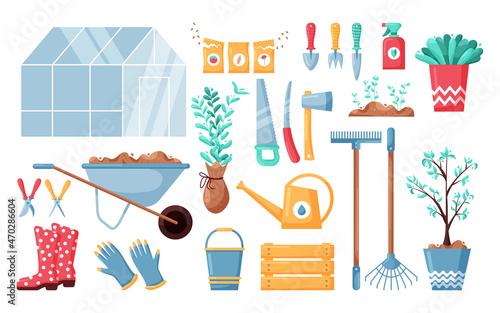 Garden work instruments. Cartoon tools for horticulture and cultivation, farm and soil work agriculture equipment collection. Vector isolated set