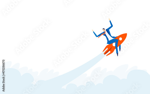 Business man flying fast with the rocket. Illustration with space for text