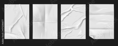 Wrinkled paper. White realistic paper poster mockup with crumpled wet crease effect and folded lines, notepad pages. Vector isolated banner set