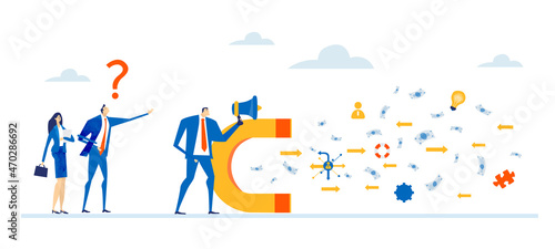 Business people, bankers working with magnet attracting golden coins. Savings, investments, finance strategy and technical support concept. 