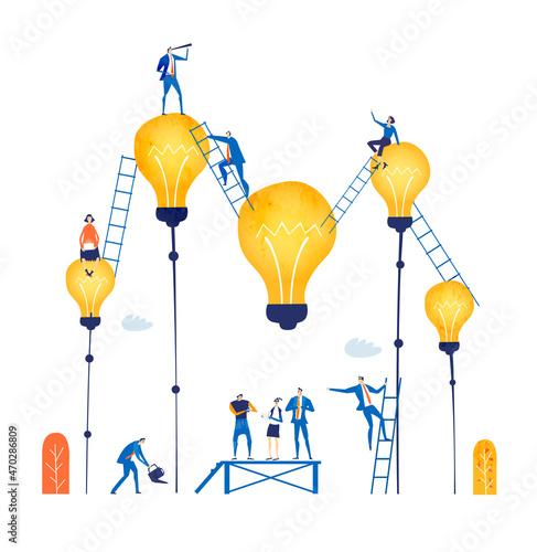 Lots of business people working with light bulbs which grows as flowers. Business people and ladders of seccsess