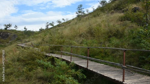 View landscape with mountain forest of Khao Lon Adventure for thai people and foreign travelers travel visit rest relax hiking trekking on viewpoint in jungle at Sarika city in Nakhon Nayok, Thailand photo