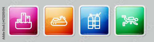 Set line Winner podium, Jet ski, Aqualung and Scuba diver. Colorful square button. Vector
