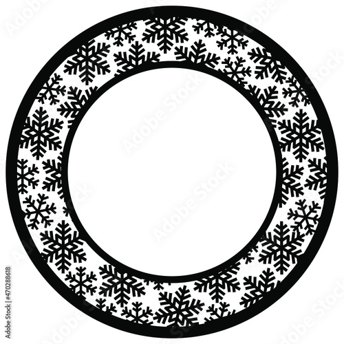 Snowy round frame laser cutting template. Christmas snowflakes holiday ice ornament border. Die cutting stencil. Vector. Winter photo frame. Paper cutout panel.  Decoration for Christmas, new year. 