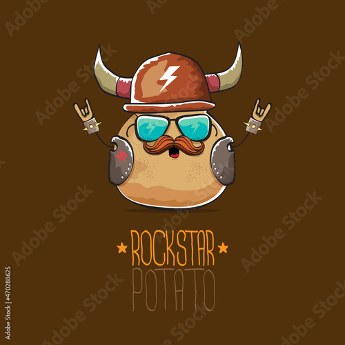 vector rock star potato funny cartoon cute character with viking helmet, leather jacket, sunglasses and moustache isolated on brown background. rock n roll hipster vegetable funky character
