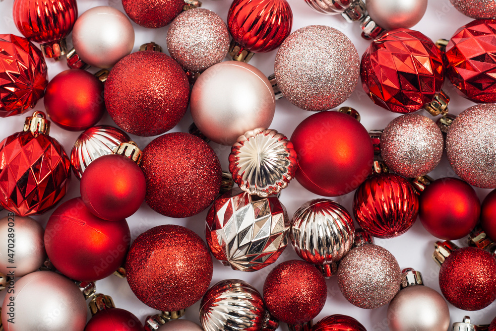 Christmas decorative balls on a white background. Top view, flat lay. Christmas decorative balls on a white background. Top view, flat lay.