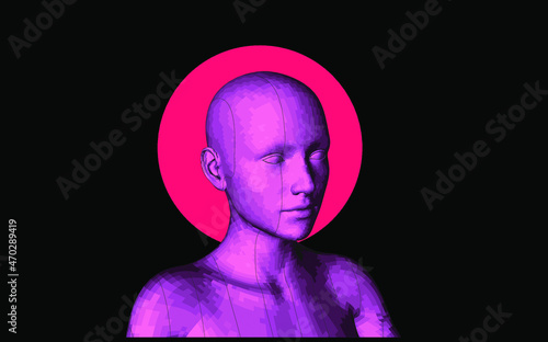 Sci-fi synthwave 80's style illustration of a 3D low poly model of a human head. Concept for Machine Learning, Artificial intelligence and Robotics themes.