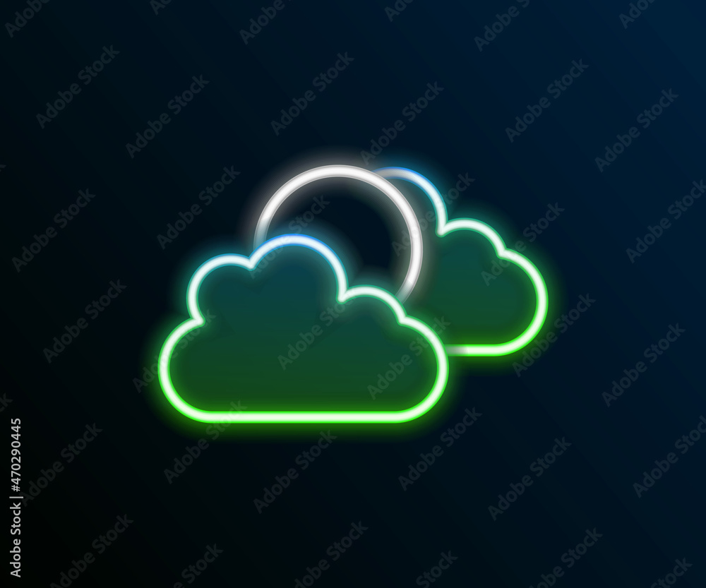 Glowing neon line Sun and cloud weather icon isolated on black background. Colorful outline concept. Vector Glowing neon line Sun and cloud weather icon isolated on black background. Colorful outline concept. Vector