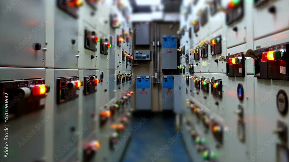 Timelapse of Electrical switchgear room,Industrial electrical switch panel on plant and process control with vintage cold tone for industrial concept.