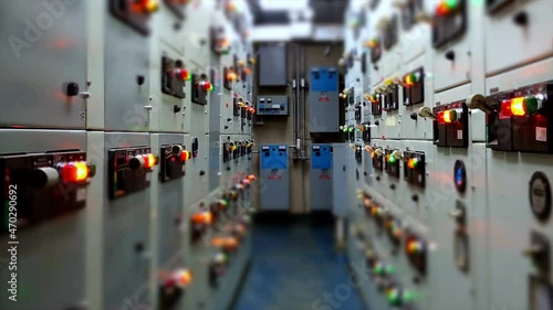 Timelapse of Electrical switchgear room,Industrial electrical switch panel on plant and process control with vintage cold tone for industrial concept.
