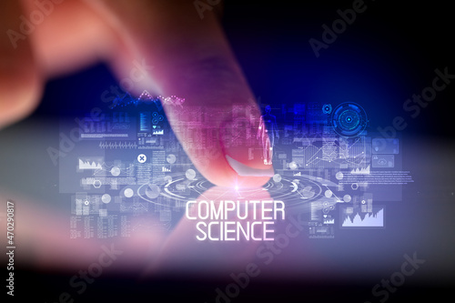 Finger touching tablet with web technology icons concept