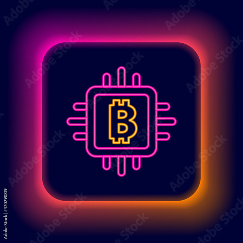 Glowing neon line CPU mining farm icon isolated on black background. Bitcoin sign inside processor. Cryptocurrency mining community. Digital money. Colorful outline concept. Vector