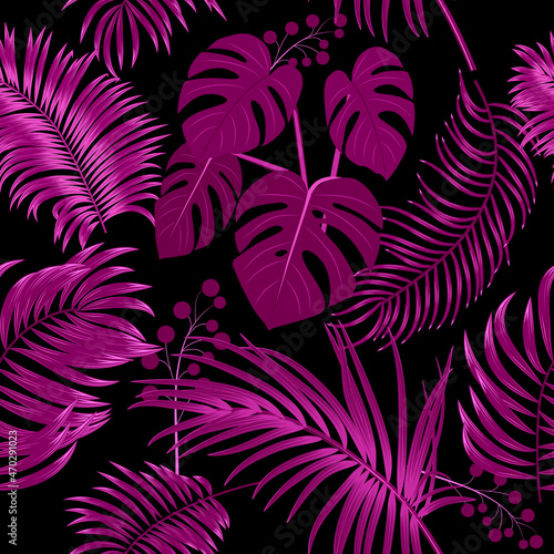 Tropical vector seamless pattern with  leaves of palm tree and flowers