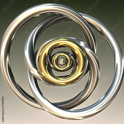 Metallic rings, 3d drawing. Grey gradient background
