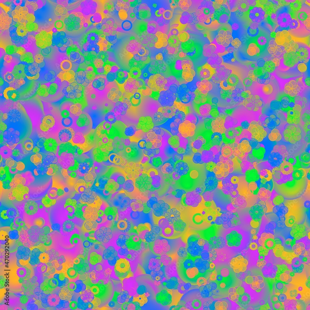 Multicolored seamless pattern, abstract flowers and bubbles  on the blurred background