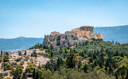 The Acropolis of Athens seen from the Pnyx, the historic hill in the center of the city.