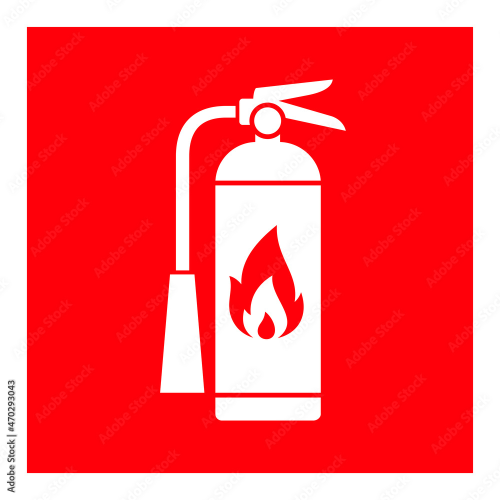Fire safety sign Fire Extinguisher. Raster red symbol. Isolated sticker of fire protection, hazard, extinguishing. Fire safety sign Fire Extinguisher. Raster red symbol. Isolated sticker of fire protection, hazard, extinguishing.