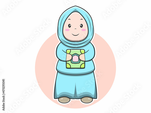 Cute young girl muslim character vector icon illustration. Isolated flat design.