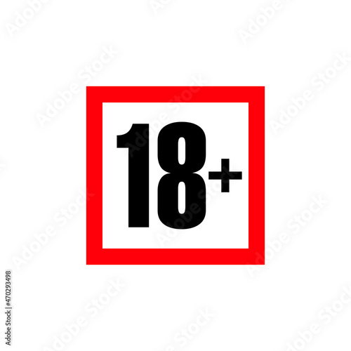 18+ age restriction sign. Icon only 18 plus, censored. Under eighteen years prohibition sticker, adults only. Raster symbol.