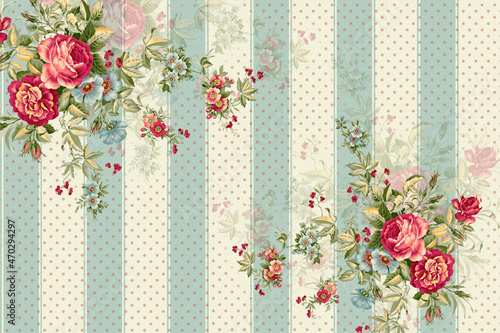 Vintage roses on a background of stripes and polka dots photo