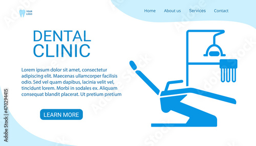 Dental clinic. Dentistry website landing page template, poster, flyer. Dental clinic banner with dental chair. Background for presentation. Flat vector illustration isolated blue on white background