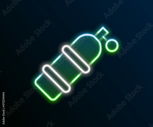 Glowing neon line Aqualung icon isolated on black background. Oxygen tank for diver. Diving equipment. Extreme sport. Diving underwater equipment. Colorful outline concept. Vector
