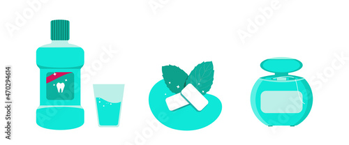 A set of products for the care of the oral cavity and teeth. Balm mouthwash, dental floss, mint gum. Flat vector illustration isolated on white background
