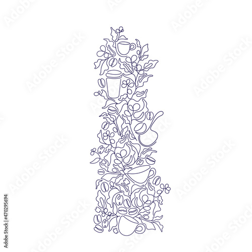 Abstract coffee Linear branch, graphic cups, beans