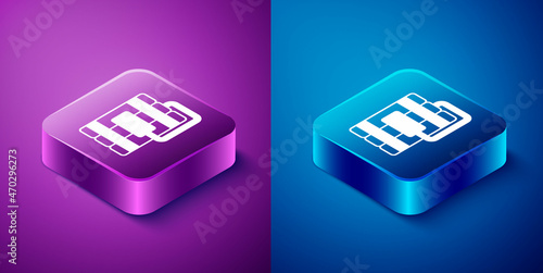 Isometric Detonate dynamite bomb stick and timer clock icon isolated on blue and purple background. Time bomb - explosion danger concept. Square button. Vector