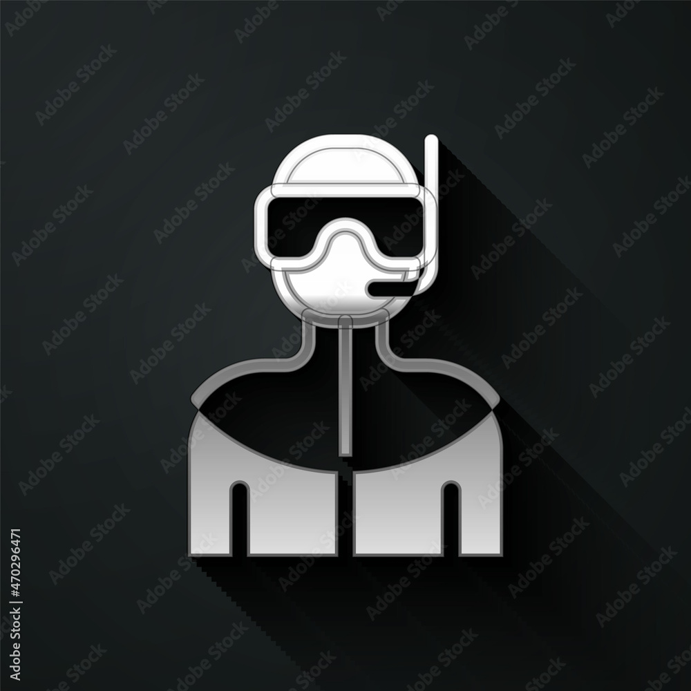 Silver Wetsuit for scuba diving icon isolated on black background. Diving underwater equipment. Long shadow style. Vector