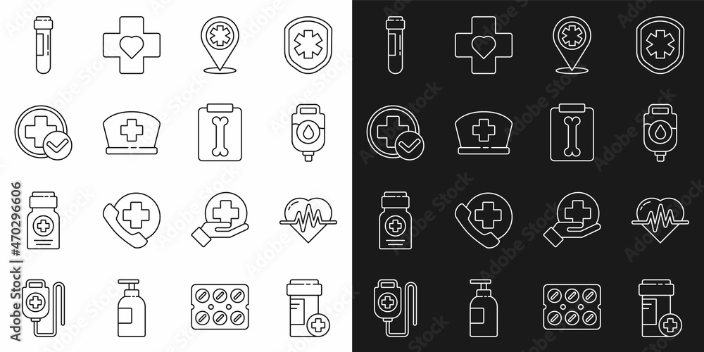Set line Medicine bottle, Heart rate, IV bag, Map pointer with cross hospital, Nurse hat, Cross medical, Test tube blood and X-ray shots icon. Vector