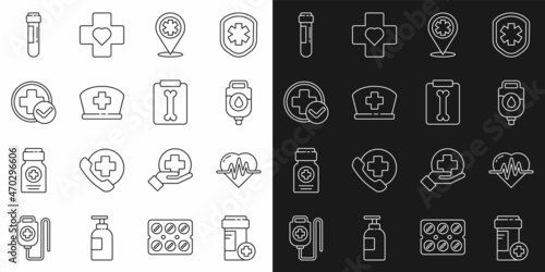 Set line Medicine bottle, Heart rate, IV bag, Map pointer with cross hospital, Nurse hat, Cross medical, Test tube blood and X-ray shots icon. Vector