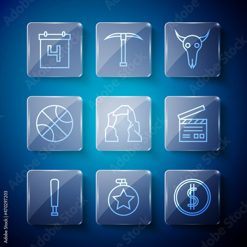 Set line Baseball bat, Canteen water bottle, Coin money with dollar, Buffalo skull, Grand canyon, Basketball, Calendar date July 4 and Movie clapper icon. Vector