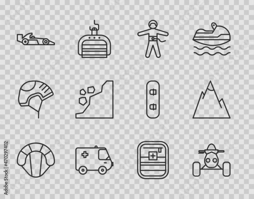 Set line Parachute, ATV motorcycle, Bungee jumping, Ambulance and emergency car, Formula 1 racing, Landslide, First aid kit and Mountains icon. Vector