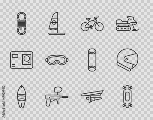 Set line Surfboard, Longboard or skateboard, Bicycle, Paintball gun, Climber rope, Ski goggles, Hang glider and Helmet icon. Vector