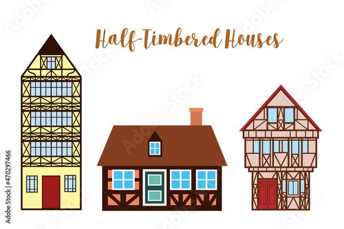 German half timbered house collection on white background