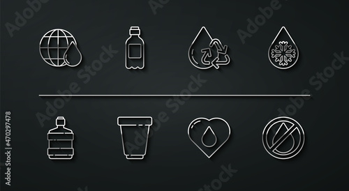 Fotografi Set line Earth planet in water drop, Big bottle with clean, Defrosting, Heart, Water filter cartridge, Bottle of, forbidden and Recycle aqua icon