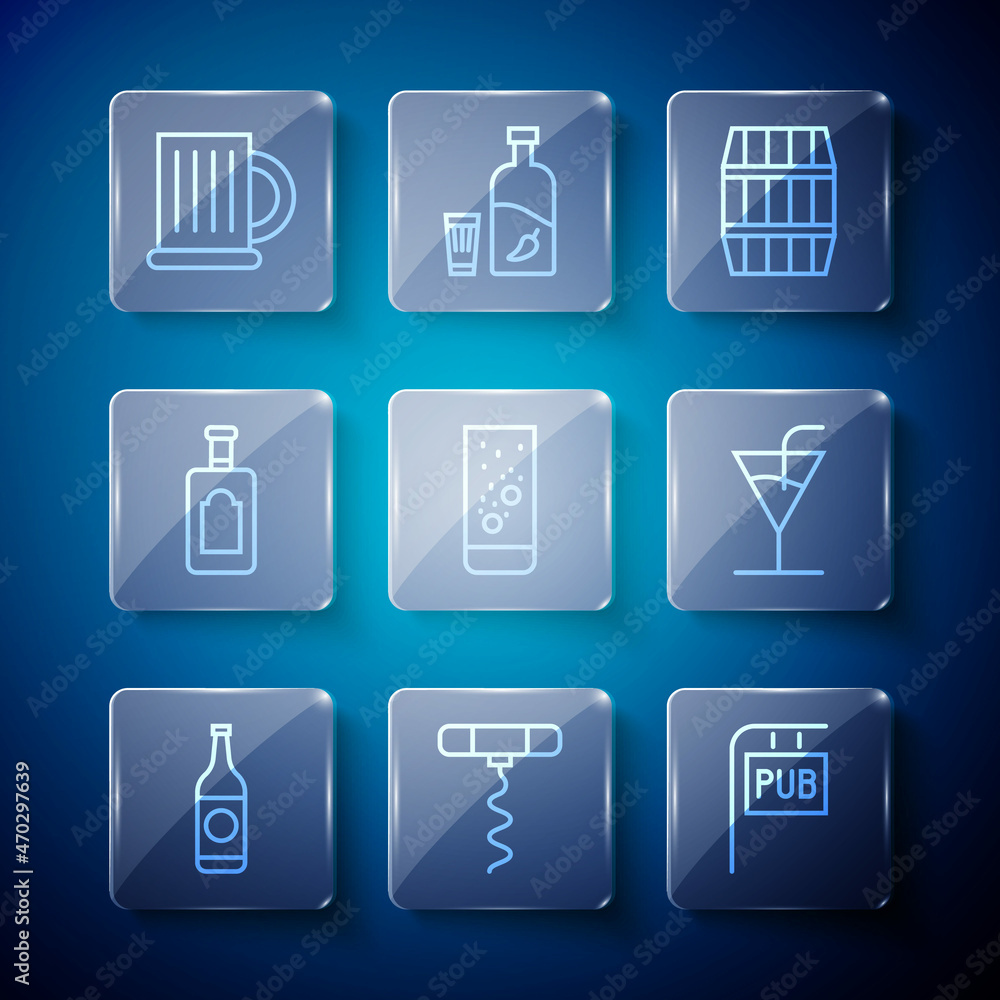 Set line Beer bottle, Wine corkscrew, Street signboard with Pub, Wooden barrel, Effervescent tablets water, Whiskey, beer mug and Cocktail icon. Vector Set line Beer bottle, Wine corkscrew, Street signboard with Pub, Wooden barrel, Effervescent tablets water, Whiskey, beer mug and Cocktail icon. Vector