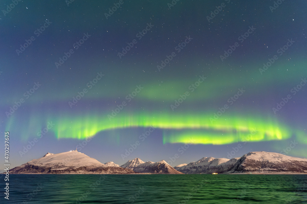 Wunderschöne Nordlichter über der Insel Arnøya, zwischen Sjkervøy und Tromsø in Norwegen. Aurora Borealis mit grün, gelb und pink. the Lady is dancing in the sky! atemberaubend, herrlich, majestätisch