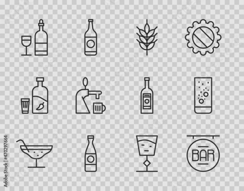 Set line Cocktail, Street signboard with Bar, Hop, Beer bottle, Wine glass, tap, and Effervescent tablets water icon. Vector