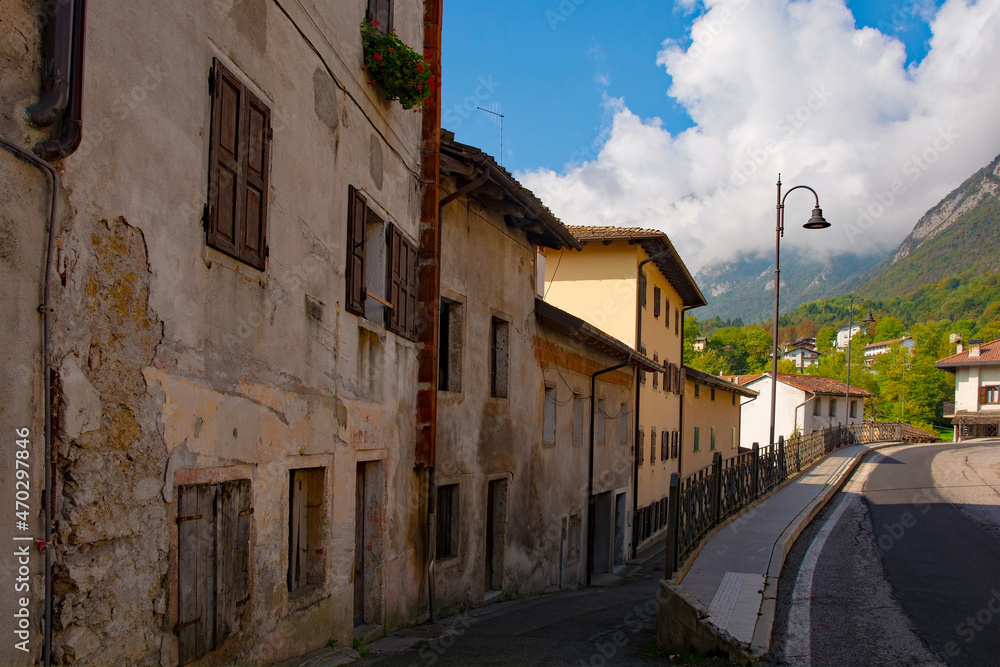 Residential buildings in the historic town of Ampezzo in Udine Province, Friuli-Venezia Giulia, north east Italy
