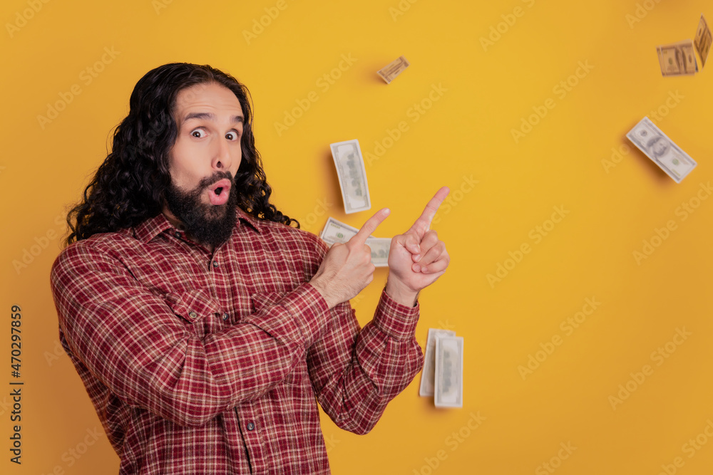 Promoter man direct finger side empty space money fall cashback sale discount concept Promoter man direct finger side empty space money fall cashback sale discount concept