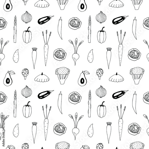 Vegetables seamless pattern vector illustration, hand drawing doodle