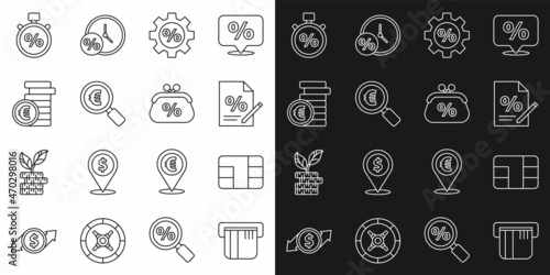 Set line Credit card, with chip, Finance document, Gear percent, Magnifying glass and euro, Coin money symbol, Stopwatch and Purse icon. Vector
